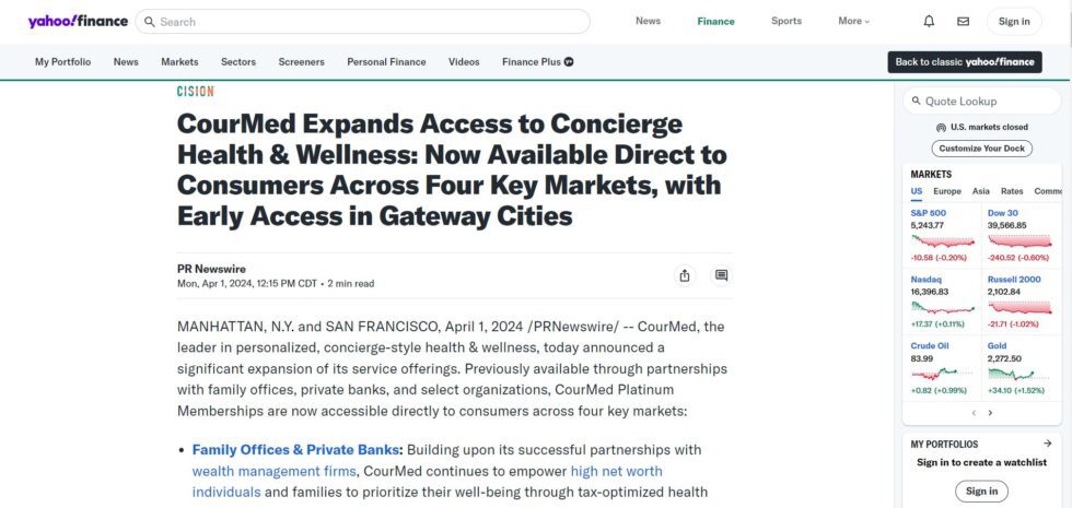Yahoo Finance - CourMed Expands Access to Concierge Health & Wellness ...